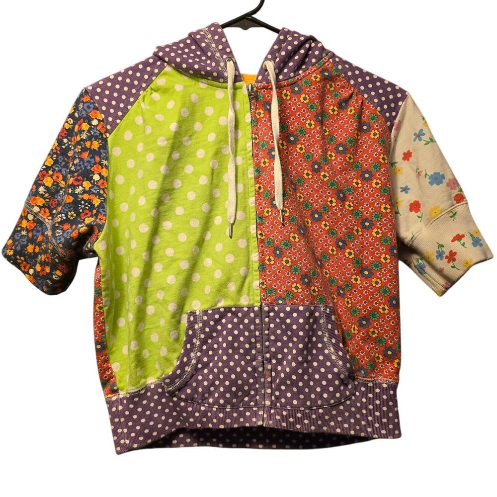 Lucky Brand patchwork zip up short sleeve hoodie junior size large